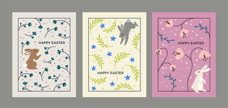 Set of Beautiful Easter Greeting Cards with Colorful Rabbits and Flowers. Cute Cartoon Illustration of Easter Bunniesのイラスト素材