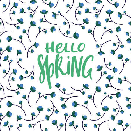 Vintage Floral Pattern with Lettering Hello Spring. Vector Illustrationのイラスト素材