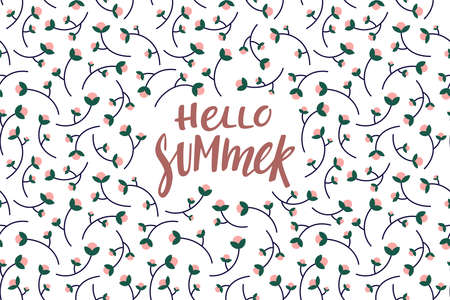 Vintage Floral Pattern with Lettering Hello Summer. Vector Illustrationのイラスト素材