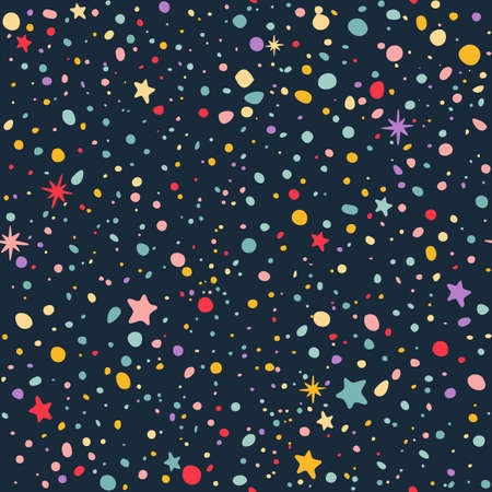 Seamless Pattern with Colorful Dots and Stars on Dark Night Sky. Vector Cosmic Backgroundのイラスト素材