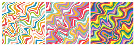 Set of Wavy Colorful Seamless Patterns in Retro Style. Abstract Vector Textures in 1970 Hippie Aestheticsのイラスト素材