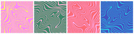 Set of Wavy Seamless Trippy Patterns in Psychedelic Colors. Abstract Vector Swirl Backgrounds. 70s Aesthetic Textures with Flowing Wavesのイラスト素材
