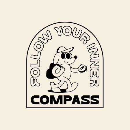 Funny Retro Illustration of a Walking Smiling Dog with a Compass . Vector Character in Vintage Style. Outdoor Summer Camp Logoのイラスト素材
