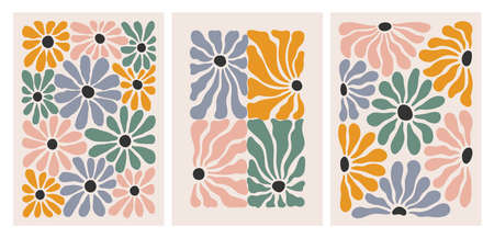 Daisy Flower Abstract Art Set. Aesthetic Modern Illustration. Vector Retro Groovy Pattern. Retro Floral Postersのイラスト素材