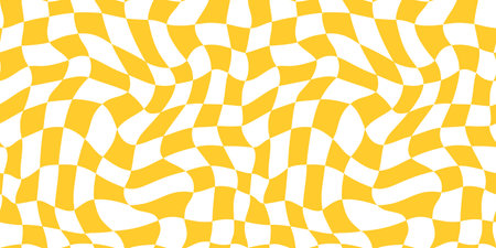 Distorted Checkered Background. Abstract Psychedelic Seamless Pattern with Waves. Vector Groovy Y2K Textureのイラスト素材