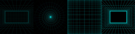 Set of Abstract Futuristic Backgrounds with Grid . Vector Dark Modern Illustration with Neon Linesのイラスト素材
