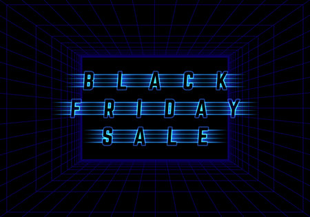 Black Friday Design with Neon Light Frame. Neon Text on Dark Background with Glowing Grid. Vector Advertising Illustrationのイラスト素材