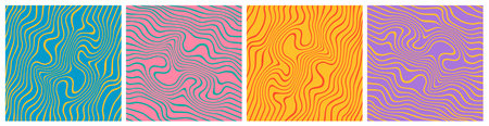 Set of Retro Wavy Seamless Trippy Patterns in Psychedelic Colors. Abstract Vector Swirl Backgrounds. 1970 Groovy Aesthetic Textures with Flowing Wavesのイラスト素材