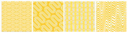 Set of Modern Seamless Patterns in Asian Japan and Chinese Style. Illustration of Pasta and Noodles. Vector Food Backgrounds with Yellow and White Wavesのイラスト素材