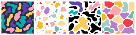 Funny Seamless Patterns with Colorful Blobs. Vector Background for Carnaval and Party. Creative Abstract Art Background for Children. Paint Splash Illustrationsのイラスト素材