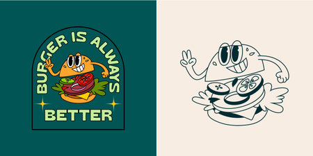 Funny Retro Illustration with Cute Burger. Vector Character in Cartoon Vintage Style. Creative Quote for Logo, Cards, Banners, T-shirt Prints and Postersのイラスト素材