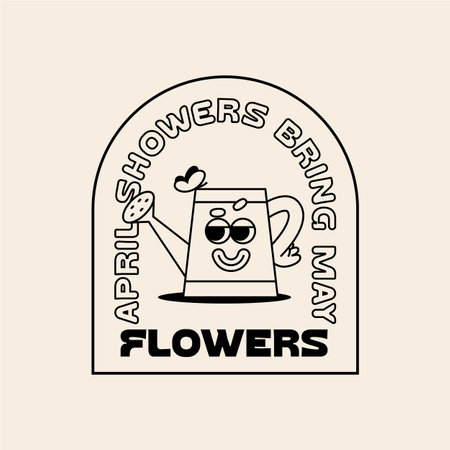 Funny Retro Illustration with Cartoon Garden Watering Can and Quote About Flowers . Vector Character in Vintage Style. Outdoor Summer Gardening Logoのイラスト素材