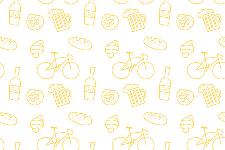 Vector Seamless Pattern with Bakery Goods, Bicycle and Beer Illustrations in Doodle Style. Abstract Stuff Backgroundのイラスト素材