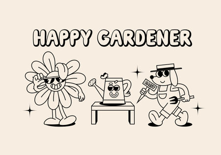 Set of Funny Retro Illustration. Cute Characters in Groovy Vintage Style. Garden, Gardener and Gardening Vector Illustrationのイラスト素材