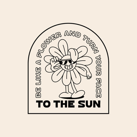 Funny Retro Character with Quote About Flowers and Sun . Vector Sticker in Retro Style. Illustration of Cute Happy Daisy Flower in Sunglasses in Retro Groovy Style of 1970sのイラスト素材