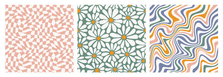 Groovy Retro Psychedelic Seamless Patterns Set. Trippy Waves, Funky Checkerboard and Daisy Flower Vector Backgroundsのイラスト素材