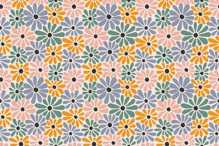 Retro Seamless Pattern with Daisy Flowers. Floral Background in Retro Hippy Groovy Style of 1970. Vector Camomile Flower Summer Illustration in Pastel Colorsのイラスト素材