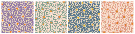 Vector Seamless Patterns with Daisy Flowers. Retro Bg in Groovy Cartoon Style. Y2k Hippie Illustration Set with Camomile.のイラスト素材
