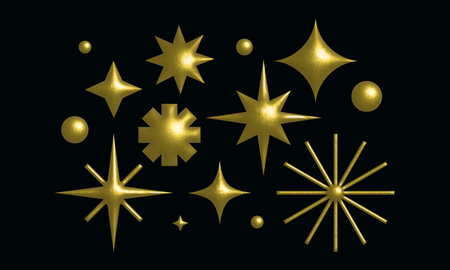 Set of Sparkle 3d Star Shapes. Vector Y2k Elements. Trendy Collection of Abstract Figures with Shiny Golden Metallic Effectのイラスト素材