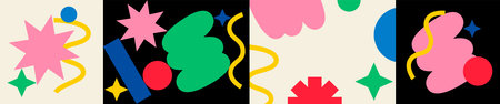 Bright Abstract Doodle Shapes. Vector Memphis Geometric Art. Colored Vector Compositions in Cartoon...