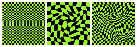 Warp Checkerboard Seamless Patterns Set. Vector Psychedelic Checker Grid Background. Black and Green Waved Bg with Squares. Abstract Geometric Textureのイラスト素材
