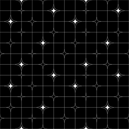 Seamless Pattern with White Stars and Lines on Black Background. Vector Abstract Y2k Minimal Geometry Bg. Graphic Texture with Lines and Starsのイラスト素材