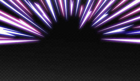 Comic Book Style Flash Explosion. Lines Arranged in an Arch on Black Background. Vector Anime Illustration Design. Bright White Light Thunder Burst. Flash Electric Glow. Speed Lines Manga Frame.のイラスト素材