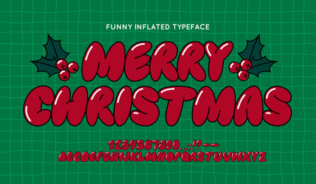 Red Glossy Balloon Font. Funny Typeset in Y2k 3d Style. Vector Cherry Bubble Gum Alphabet. Cute Letters Merry Christmas Aestheticのイラスト素材