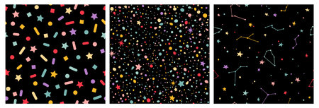 Vector Seamless Patterns Set with Stars, Dots and Constellation on Black Background. Illustration of Dark Night Sky with Hand Drawn Star Shapesのイラスト素材