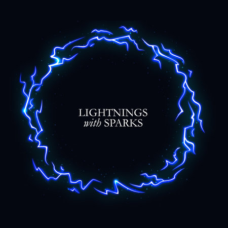 Circle Electric Lightings with Sparks on Dark Background. Vector Light Sparks Storm Flash Thunderstorm Illustrationのイラスト素材
