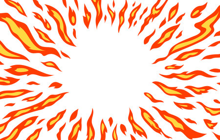 Ring Yellow Fire Flame Pattern on White Background. Creative Circle Fiery Frame in Cartoon Anime Style. Vector Hot Burn Fire Textureのイラスト素材