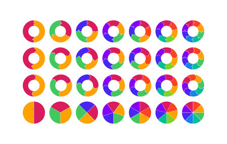 Circle Color Pie Chart Set. Vector Flat Process Cycle Diagrams. Infographic Collection with 2,3,4,5,6,7,8 Segment Sectionsのイラスト素材