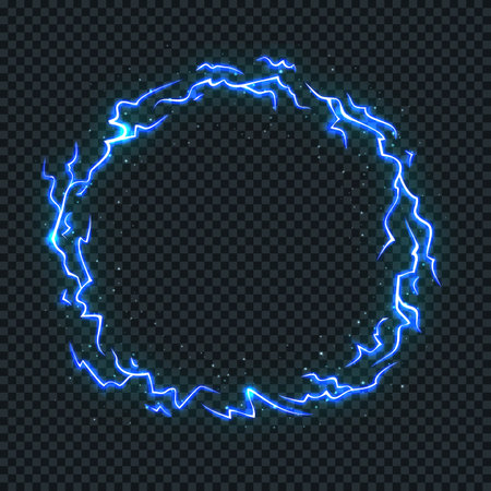 Electric Circle Lightings with Neon Effect. Vector Glowing Storm Flash Thunderstorm. Illustration of Glowing Storm Boltsのイラスト素材
