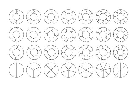 Circle Outline Pie Chart Set. Vector Flat Process Cycle Diagrams. Infographic Collection with 2,3,4,5,6,7,8 Segment Sectionsのイラスト素材