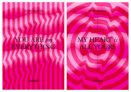 Colorful Cards About Love with Bright Pink 3d Backgrounds and Quotes. Vector Neon Colored Posters. Modern Bg with Swirl Waves. Abstract Y2k Art Design for Posters and Banners for Valentines Dayのイラスト素材