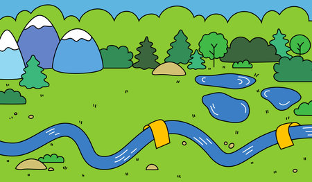 Cartoon Landscape Background with River, Meadow, Forest and Mountains. Vector Nature Illustrationのイラスト素材