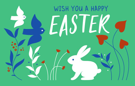 Happy Easter Greeting Card with Cute Bunny, Birds and Flowers. Vector Spring Backgroundのイラスト素材