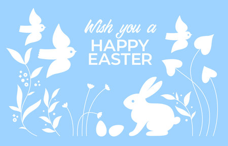 Happy Easter Vector Background with White Silhouettes of Easter Rabbit, Flowers, Eggs and Birds. Cute Flat Greeting Card Designのイラスト素材