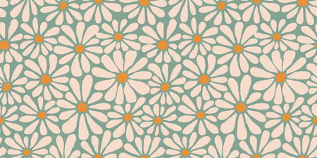 Decorative Boho Seamless Pattern with Daisy Flowers. Vector Floral Groovy Bg. Abstract Retro...