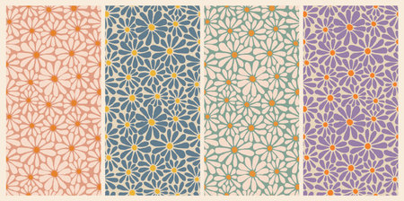 Daisy Flower Seamless Patterns Set. Vector Decorative Warp Floral Texture. Boho and Groovy Psychedelic Illustration in Retro Aestheticのイラスト素材
