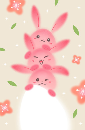 Happy Easter Greeting Card Design. Vector Cute Pink Rabbits with White Easter Egg. Cartoon Illustration with Bunnies Characters. Easter Egg Hunt Poster Conceptのイラスト素材