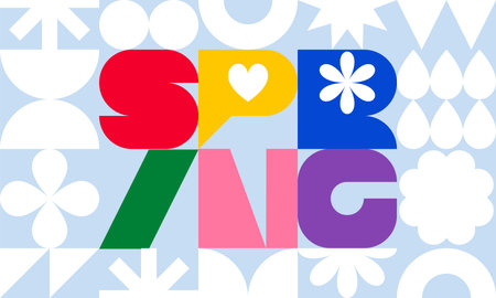 Colorful Spring Geometric Pattern with Modern Font and Abstract Fun Elements. Vector Creative Pattern. Geometric Graphic in Minimalist Style. Creative Poster Designのイラスト素材