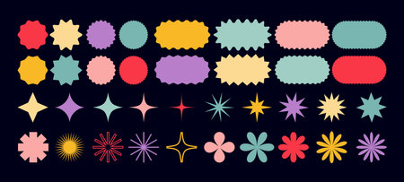 Minimalist Vector Geometric Shapes Set. Modern Symbols, Labels and Icons. Stars, Flowers and Circles with ZigZag Edgeのイラスト素材