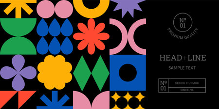 Abstract Simple Minimalist Banner with Colorful Geometric Shapes. Vector Poster with Various Geometric Graphic. Modern Pattern with Stars, Flowers and Doodle Shapesのイラスト素材