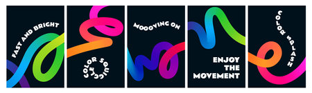 Black Posters with Color Gradient Lines. Abstract Dynamic Colorful Shapes on Dark Backgroundのイラスト素材