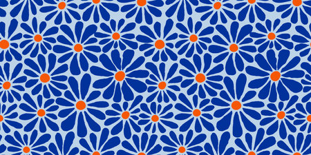 Decorative Blue Seamless Pattern with Daisy Flowers. Vector Floral Groovy Bg. Abstract Retro Background in Boho Styleのイラスト素材