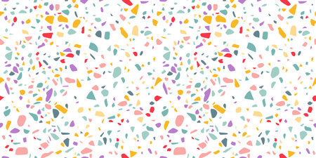 Template Terrazzo Seamless Pattern. Colorful Venetian Terrazzo Imitation. Realistic Stone Texture with Ceramic Shapes. Modern Vector Irregular Floor Tile Decoration. Trendy Abstract Illustrationのイラスト素材