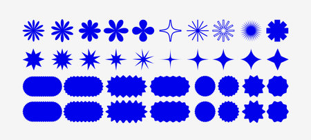 Minimalist Vector Geometric Shapes Set. Modern Decorative Symbols, Labels, Logos and Icons. Stars, Flowers and Circles with Zig Zag Edge.のイラスト素材