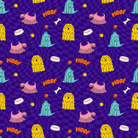 Cute Dogs Illustration in Y2k Style. Vector Seamless Pattern with Flat Cartoon Puppiesのイラスト素材