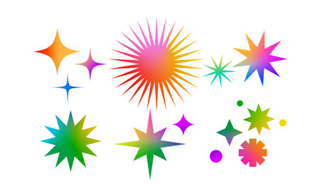 Set of Bright Colorful Star Shapes with Gradient. Vector Twinkle in Y2k Style Shapes for Funky Summer Posters and Tattoo. Abstract Shine Christmas Starsのイラスト素材